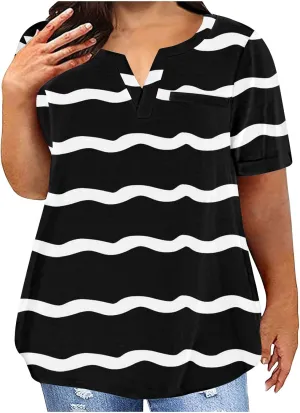 2025 Womens Summer Striped Tops Plus Size Color Block Raglan Tees Fashion V Neck Outfits Casual Short Sleeve Blouses