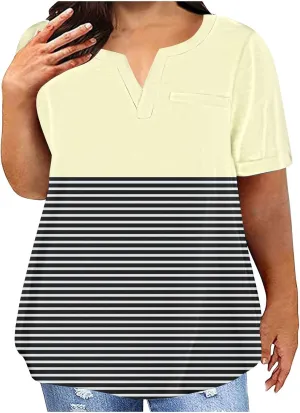 2025 Womens Summer Striped Tops Plus Size Color Block Raglan Tees Fashion V Neck Outfits Casual Short Sleeve Blouses