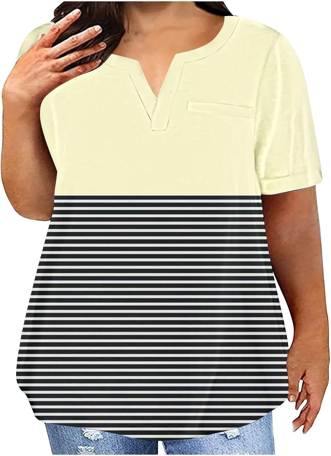 2025 Womens Summer Striped Tops Plus Size Color Block Raglan Tees Fashion V Neck Outfits Casual Short Sleeve Blouses