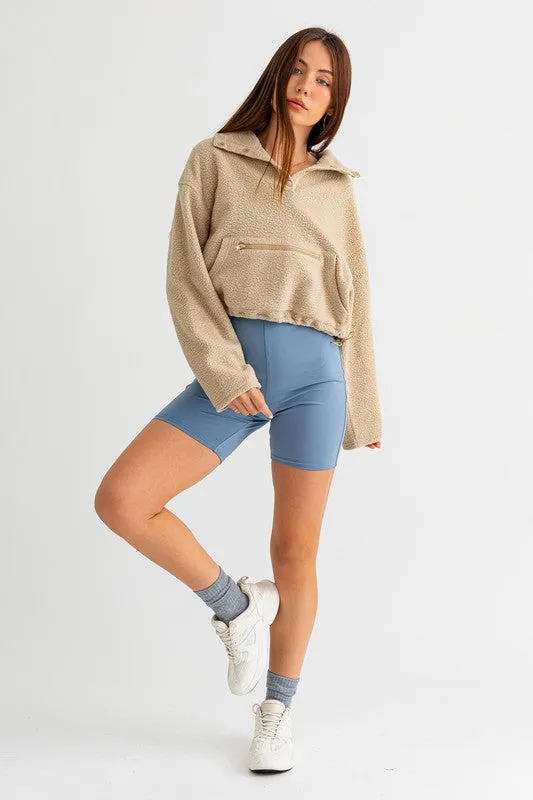 Casual Boxy Fleece Pocket Detail Pullover Cropped Sweater