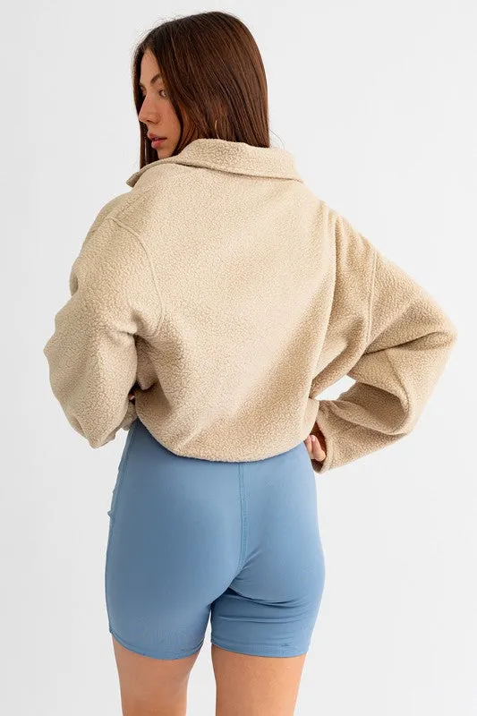 Casual Boxy Fleece Pocket Detail Pullover Cropped Sweater