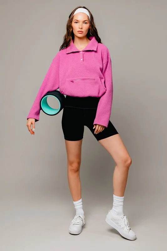 Casual Boxy Fleece Pocket Detail Pullover Cropped Sweater