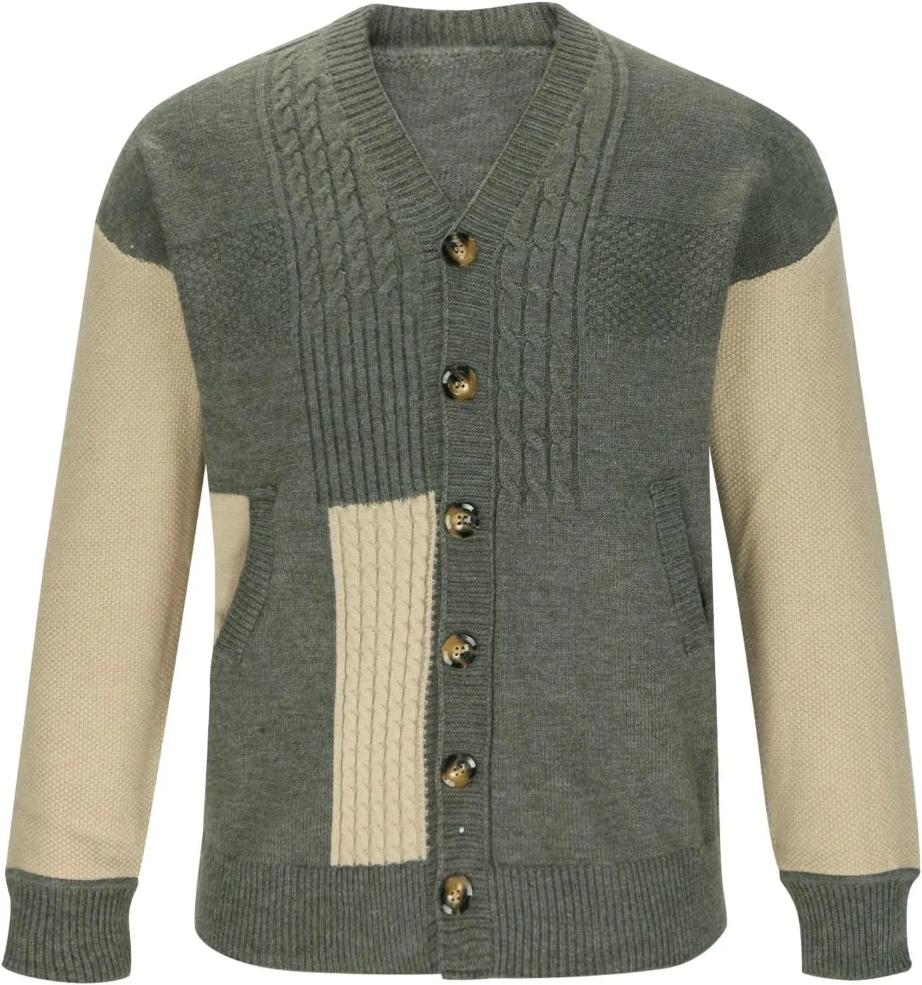 Dgoopd Cardigan Sweaters for Men Color Block Cable Knit Sweater Button Down Open Front Cardigan Casual Outwear with Pockets