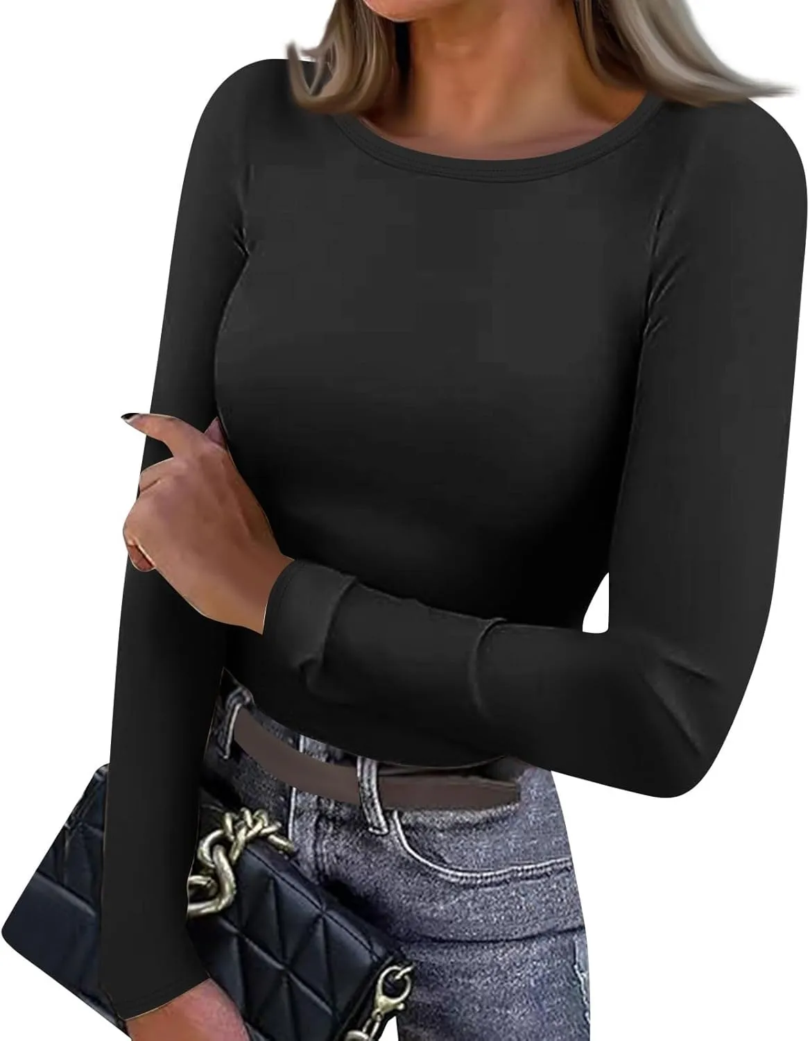 Going Out Tops for Women Y2K Long Sleeve Lightweight Tops Ribbed Crew Neck Shirts Winter Trendy Travel Clothes