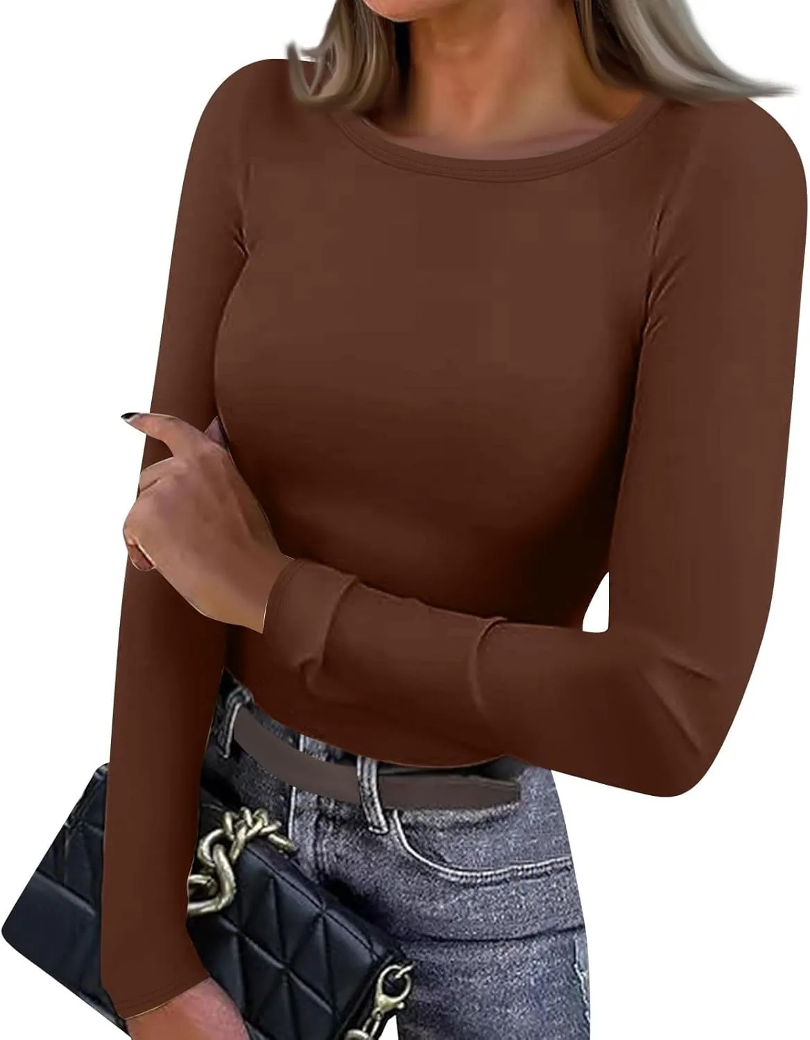 Going Out Tops for Women Y2K Long Sleeve Lightweight Tops Ribbed Crew Neck Shirts Winter Trendy Travel Clothes