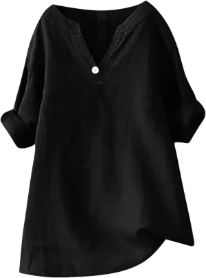 Linen Shirts for Women Summer 2025 Womens Shirt Solid 3/4 Sleeve Tunic Tops Oversized Tshirts Casual V Neck Dressy Blouses