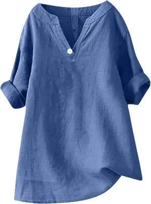 Linen Shirts for Women Summer 2025 Womens Shirt Solid 3/4 Sleeve Tunic Tops Oversized Tshirts Casual V Neck Dressy Blouses