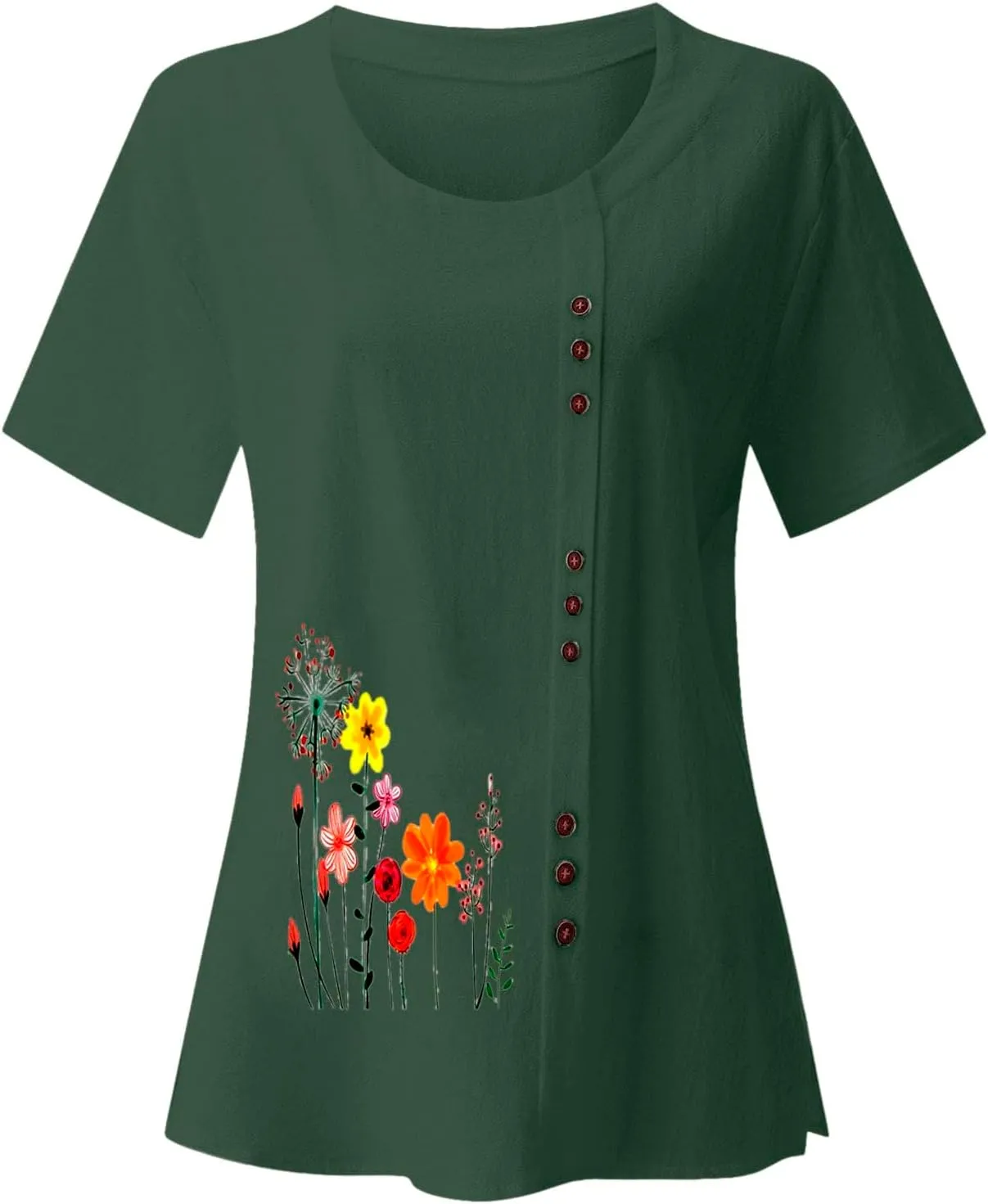 Linen Shirts for Women Summer Casual Loose Fit Tops Floral Printed Crew Neck Buttons Short Sleeve Trendy Blouses