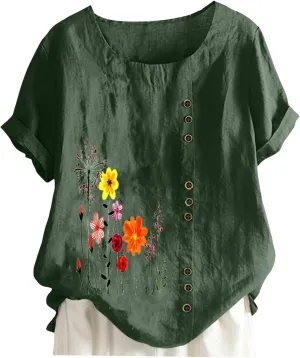 Linen Shirts for Women Summer Casual Loose Fit Tops Floral Printed Crew Neck Buttons Short Sleeve Trendy Blouses
