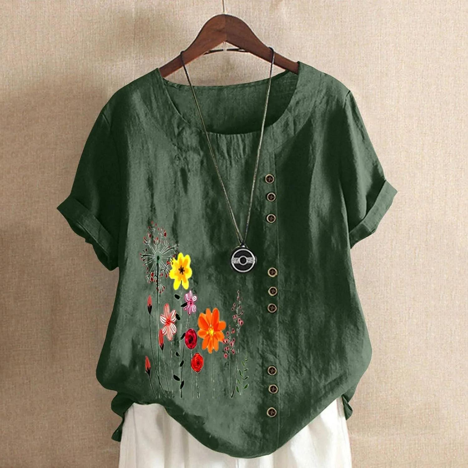 Linen Shirts for Women Summer Casual Loose Fit Tops Floral Printed Crew Neck Buttons Short Sleeve Trendy Blouses