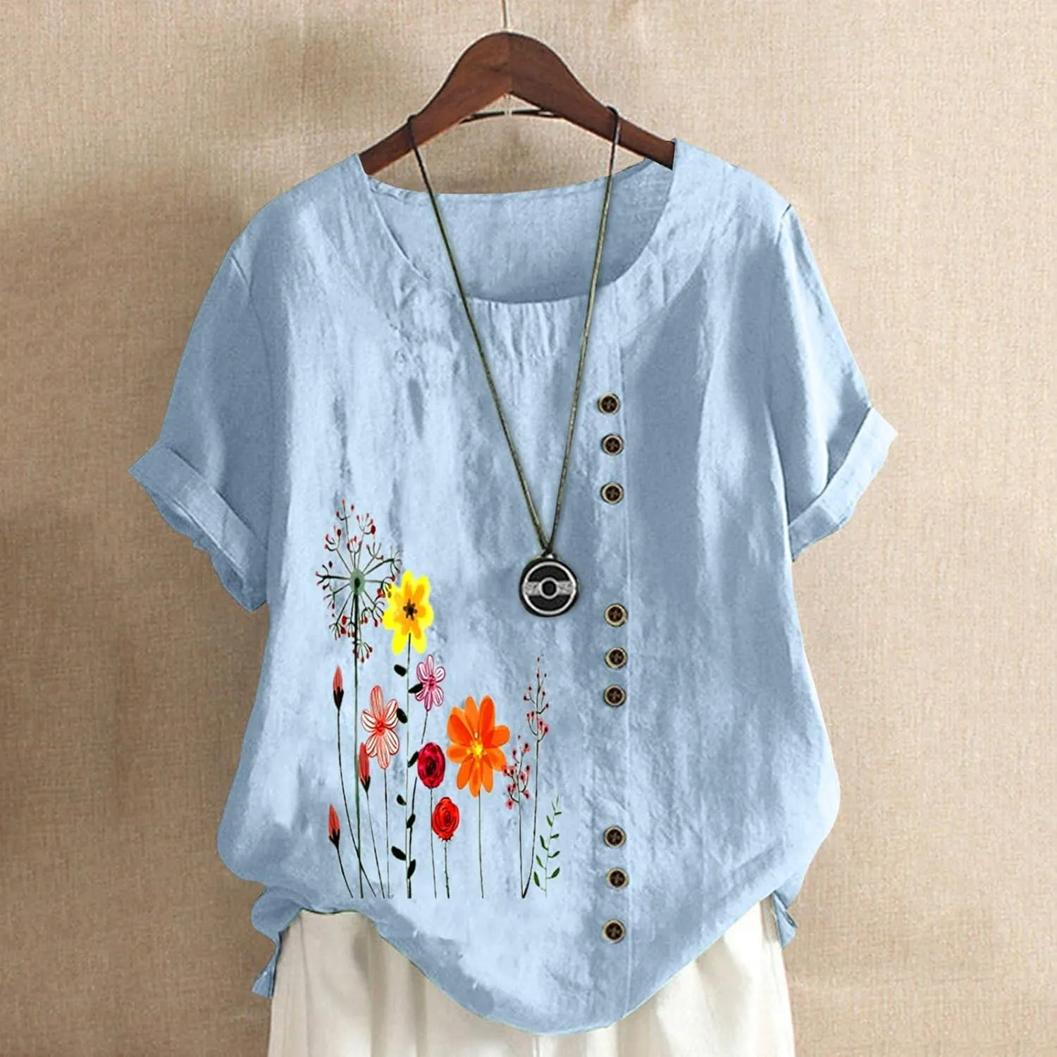 Linen Shirts for Women Summer Casual Loose Fit Tops Floral Printed Crew Neck Buttons Short Sleeve Trendy Blouses