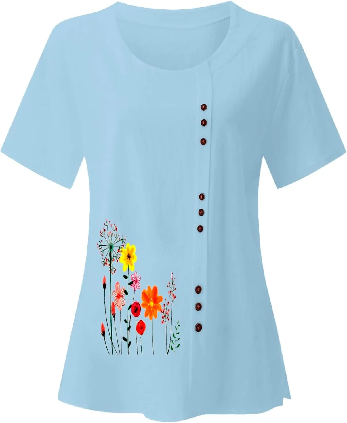 Linen Shirts for Women Summer Casual Loose Fit Tops Floral Printed Crew Neck Buttons Short Sleeve Trendy Blouses