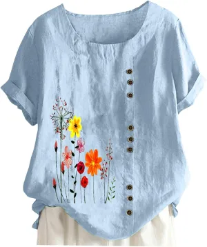 Linen Shirts for Women Summer Casual Loose Fit Tops Floral Printed Crew Neck Buttons Short Sleeve Trendy Blouses
