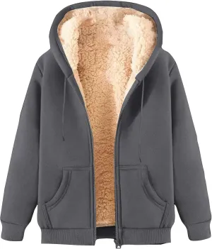 Men Women Fleece Hoodie Jacket Winter Cozy Sherpa Lined Zip Up Warm Sweatshirt Unisex Fluffy Coat Outwear with Pocket