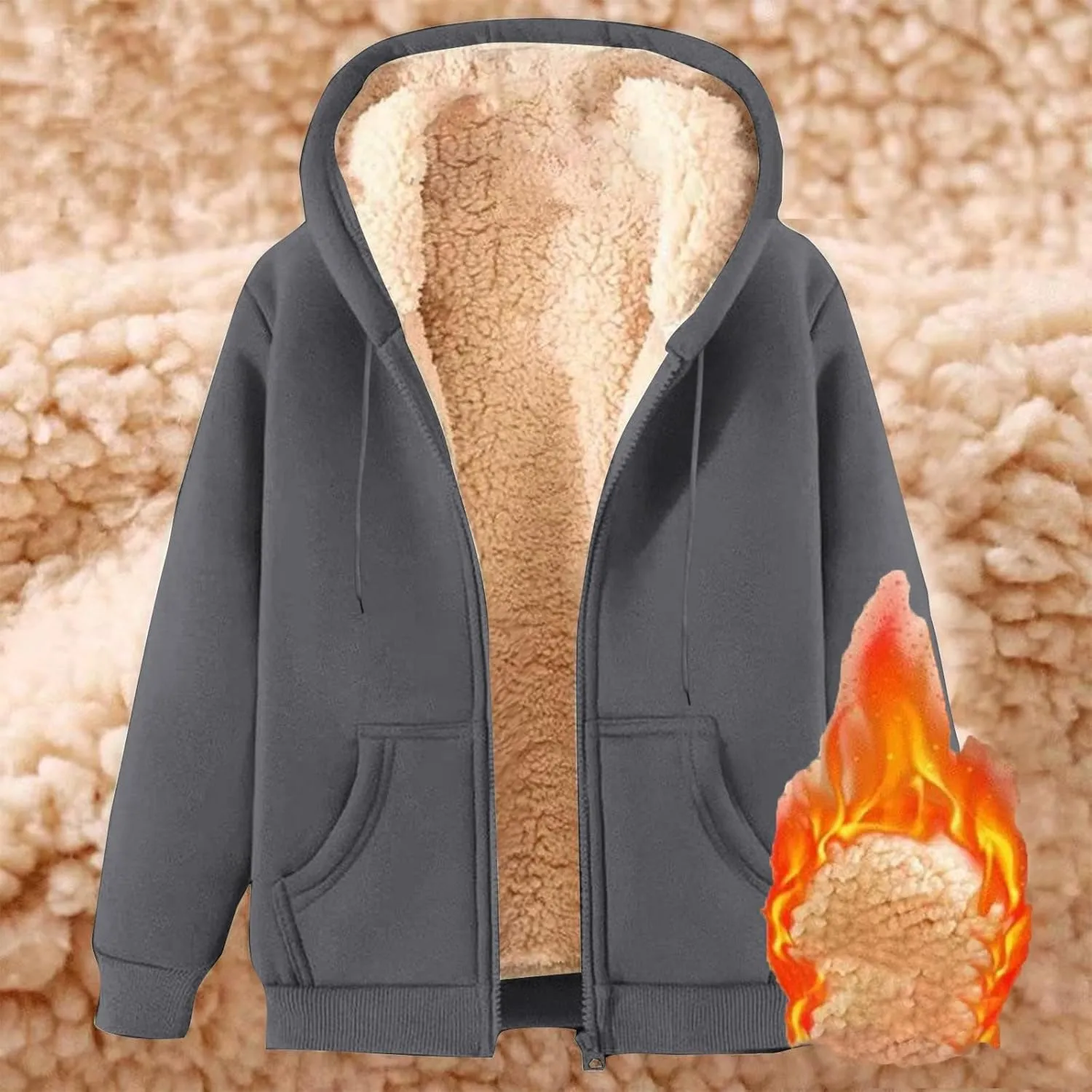 Men Women Fleece Hoodie Jacket Winter Cozy Sherpa Lined Zip Up Warm Sweatshirt Unisex Fluffy Coat Outwear with Pocket