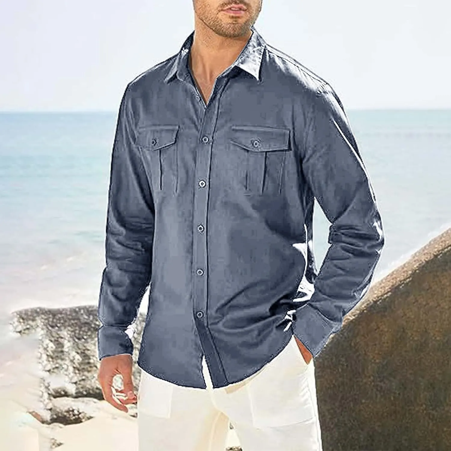 Mens Button Down Shirt Cotton Casual Linen Long Sleeve Summer Tops Lightweight Quick Dry Collared Hippie Beach Shirts