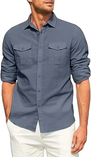 Mens Button Down Shirt Cotton Casual Linen Long Sleeve Summer Tops Lightweight Quick Dry Collared Hippie Beach Shirts