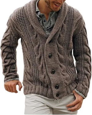 Mens Cardigan Sweaters Shawl Collar Cable Knit Button Down Sweatshirt Casual Chunky Loose Fit Long Sleeve Outwear