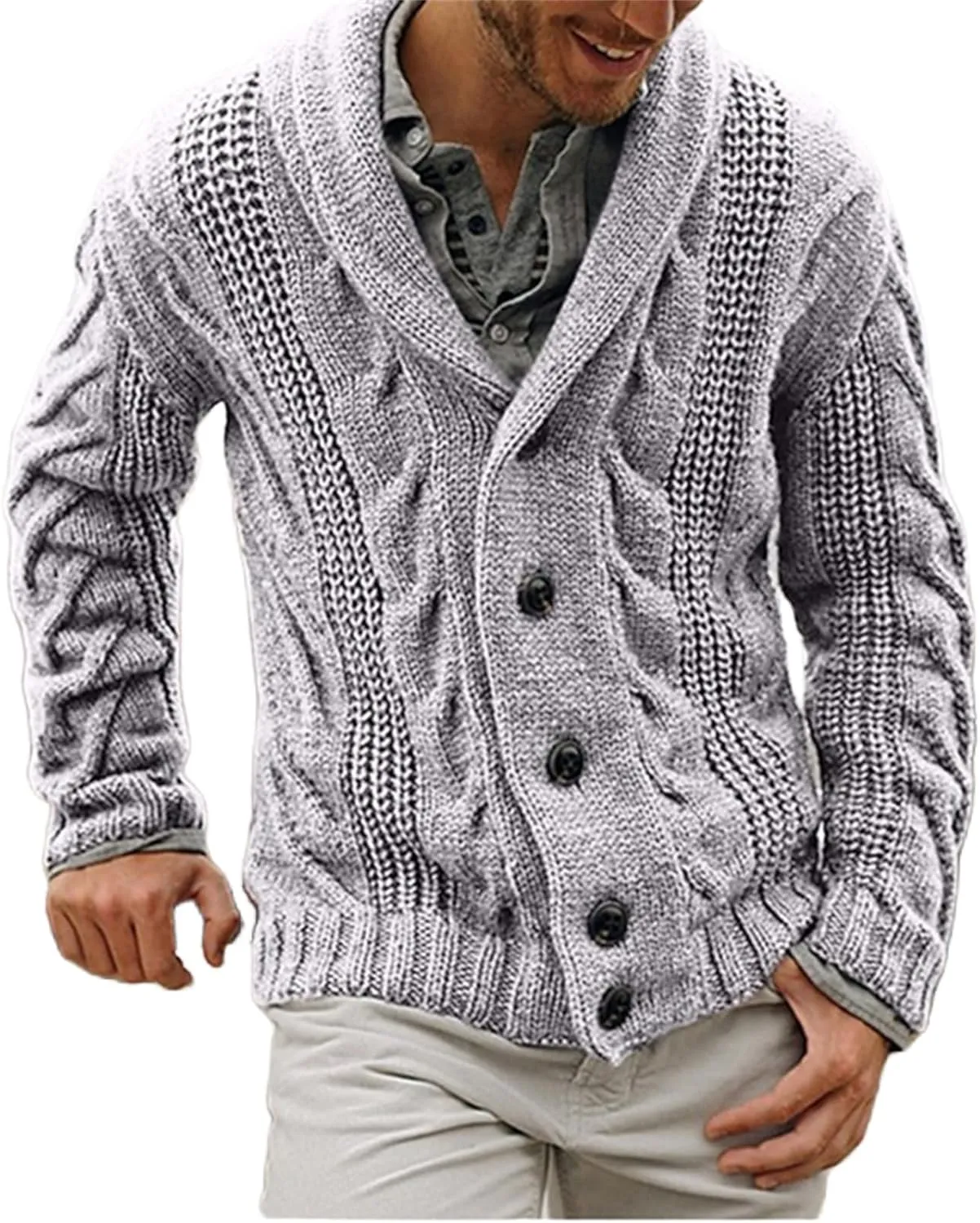 Mens Cardigan Sweaters Shawl Collar Cable Knit Button Down Sweatshirt Casual Chunky Loose Fit Long Sleeve Outwear