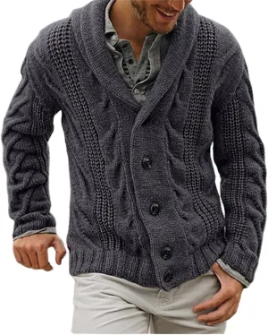 Mens Cardigan Sweaters Shawl Collar Cable Knit Button Down Sweatshirt Casual Chunky Loose Fit Long Sleeve Outwear