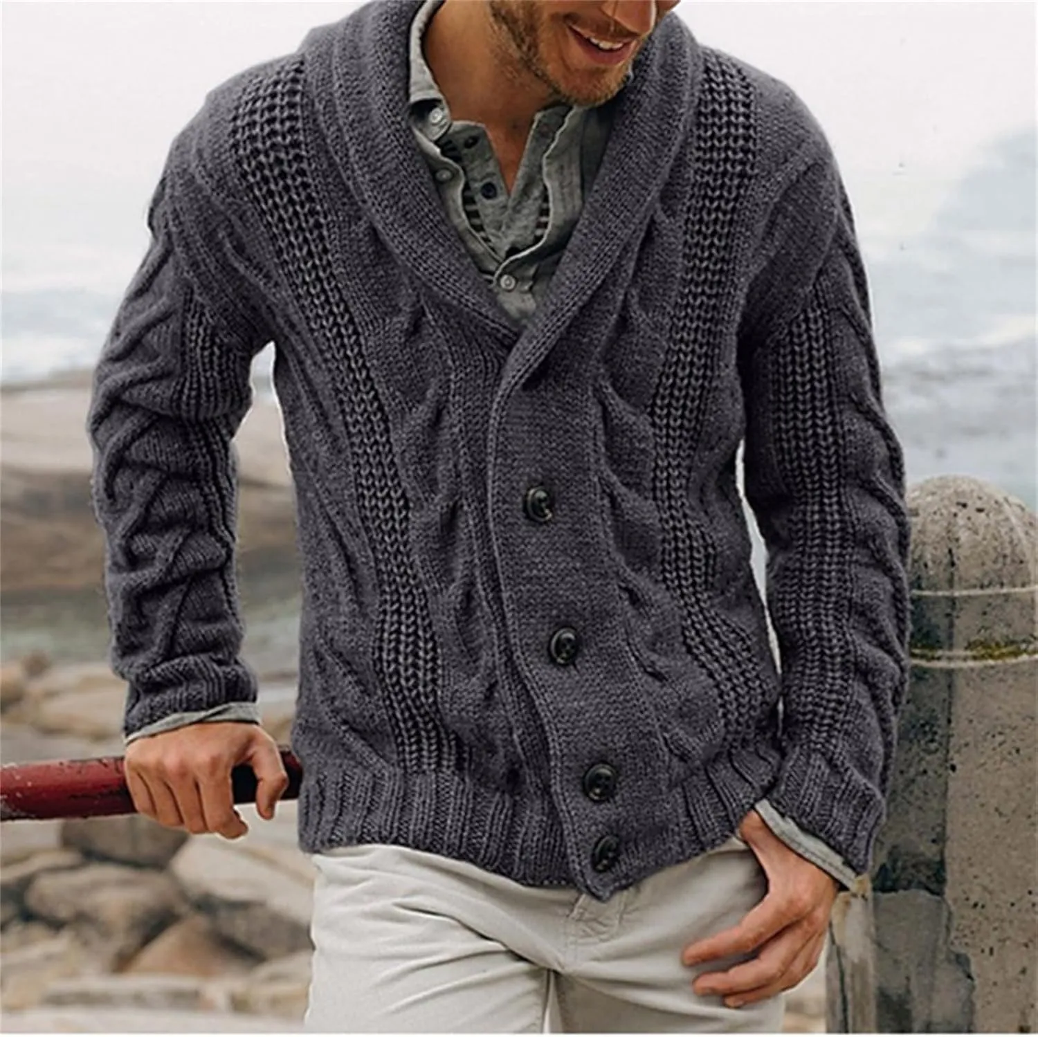 Mens Cardigan Sweaters Shawl Collar Cable Knit Button Down Sweatshirt Casual Chunky Loose Fit Long Sleeve Outwear