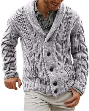 Mens Cardigan Sweaters Shawl Collar Cable Knit Button Down Sweatshirt Casual Chunky Loose Fit Long Sleeve Outwear