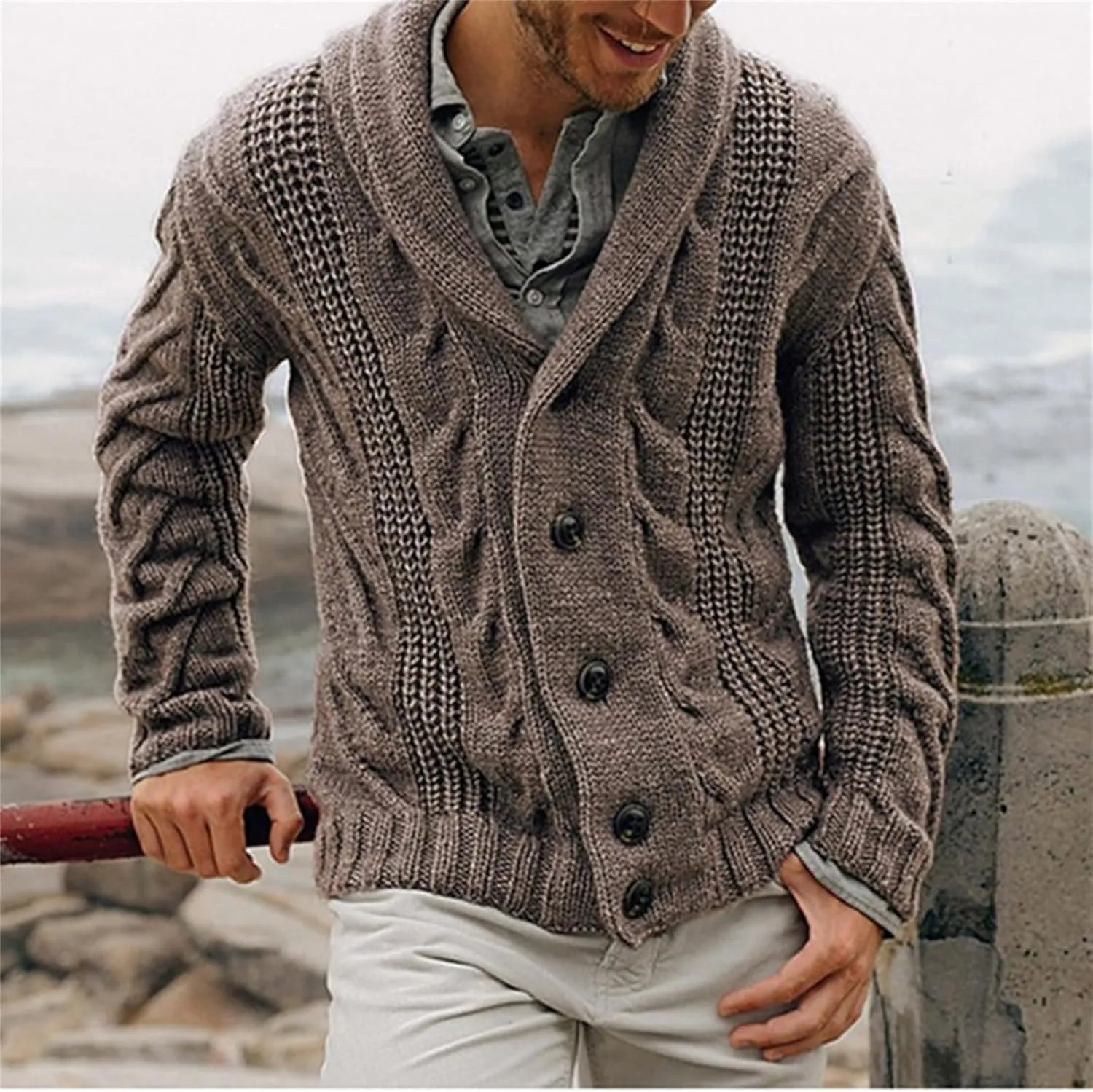 Mens Cardigan Sweaters Shawl Collar Cable Knit Button Down Sweatshirt Casual Chunky Loose Fit Long Sleeve Outwear