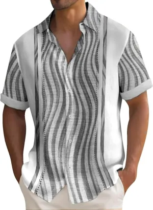 Men's Cuban Guayabera Shirts 1950s Big & Tall Short Sleeve Button Down Summer Beach Hippie Shirt Trendy Wedding Blouse