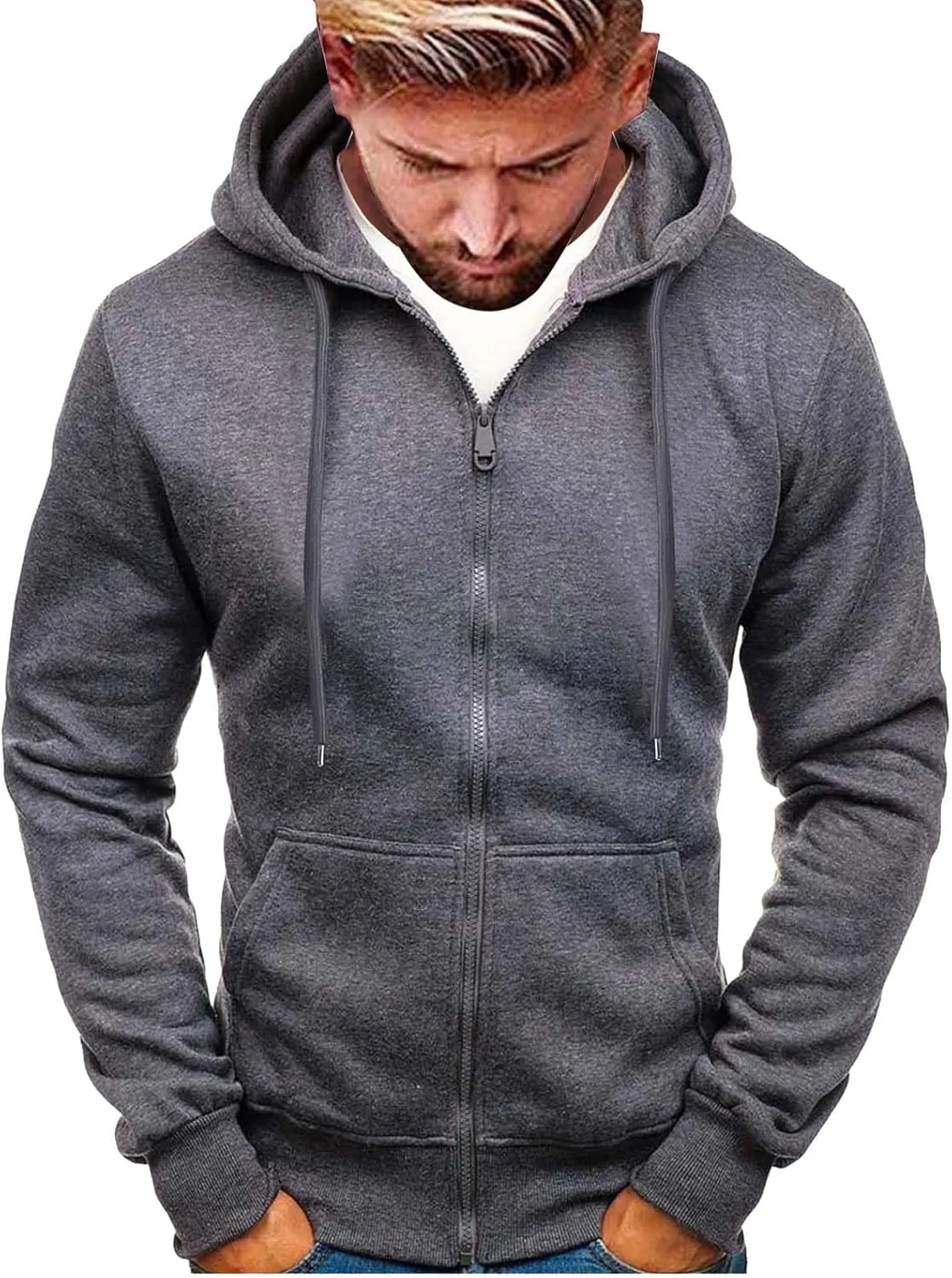 Mens Lightweight Zip Up Hoodie Drop Shoulder Long Sleeve Oversized Jacket Teens Trendy Fashion Athletic Fleece Tops