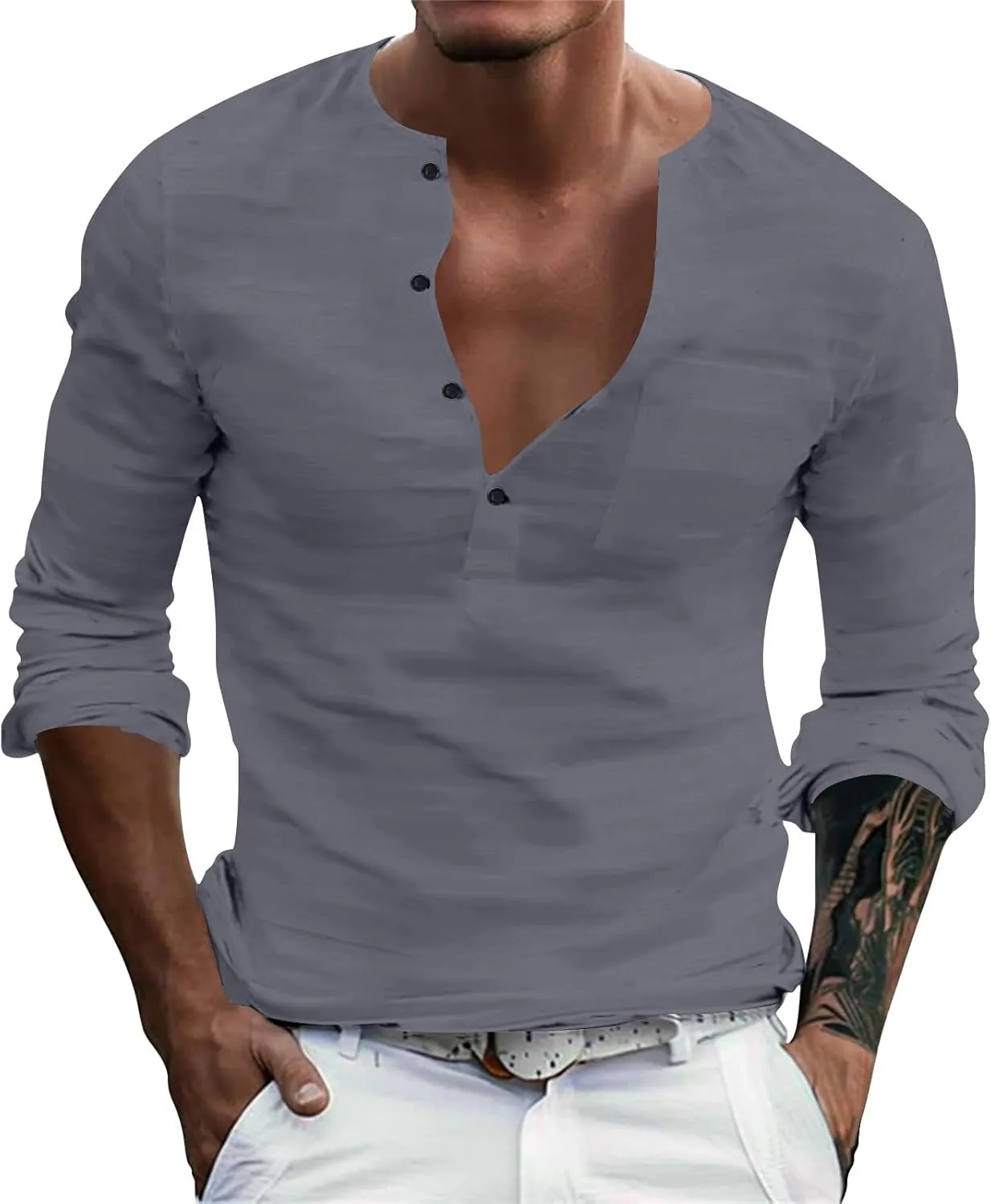 Mens Linen Shirts 3/4 Sleeve Casual V Neck Tropical Polo Shirt Lightweight Loose Tropical Hawaiian Beach Beach Top