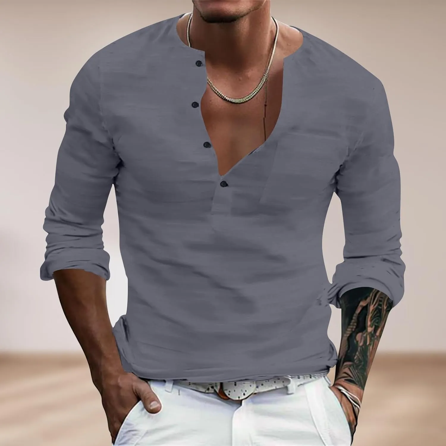 Mens Linen Shirts 3/4 Sleeve Casual V Neck Tropical Polo Shirt Lightweight Loose Tropical Hawaiian Beach Beach Top