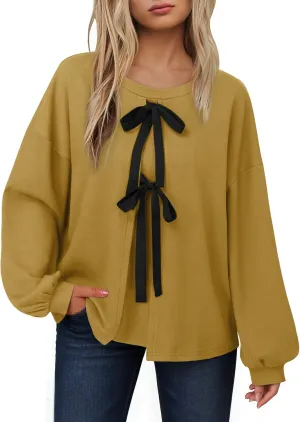 Vivilli Women's Tie Front Knit Tops Long Lantern Sleeve Shirts Crewneck Sweatshirts A-Line Patchwork Fall Fashion 2025 Tunic