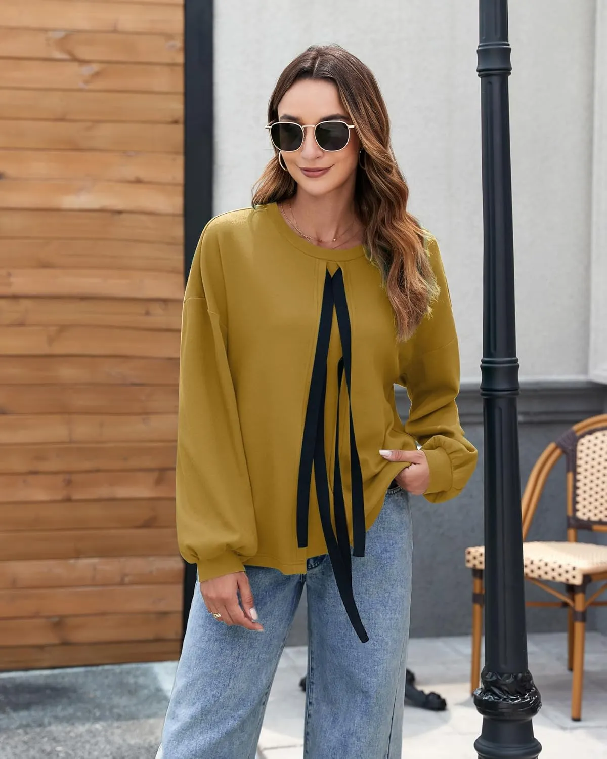 Vivilli Women's Tie Front Knit Tops Long Lantern Sleeve Shirts Crewneck Sweatshirts A-Line Patchwork Fall Fashion 2025 Tunic