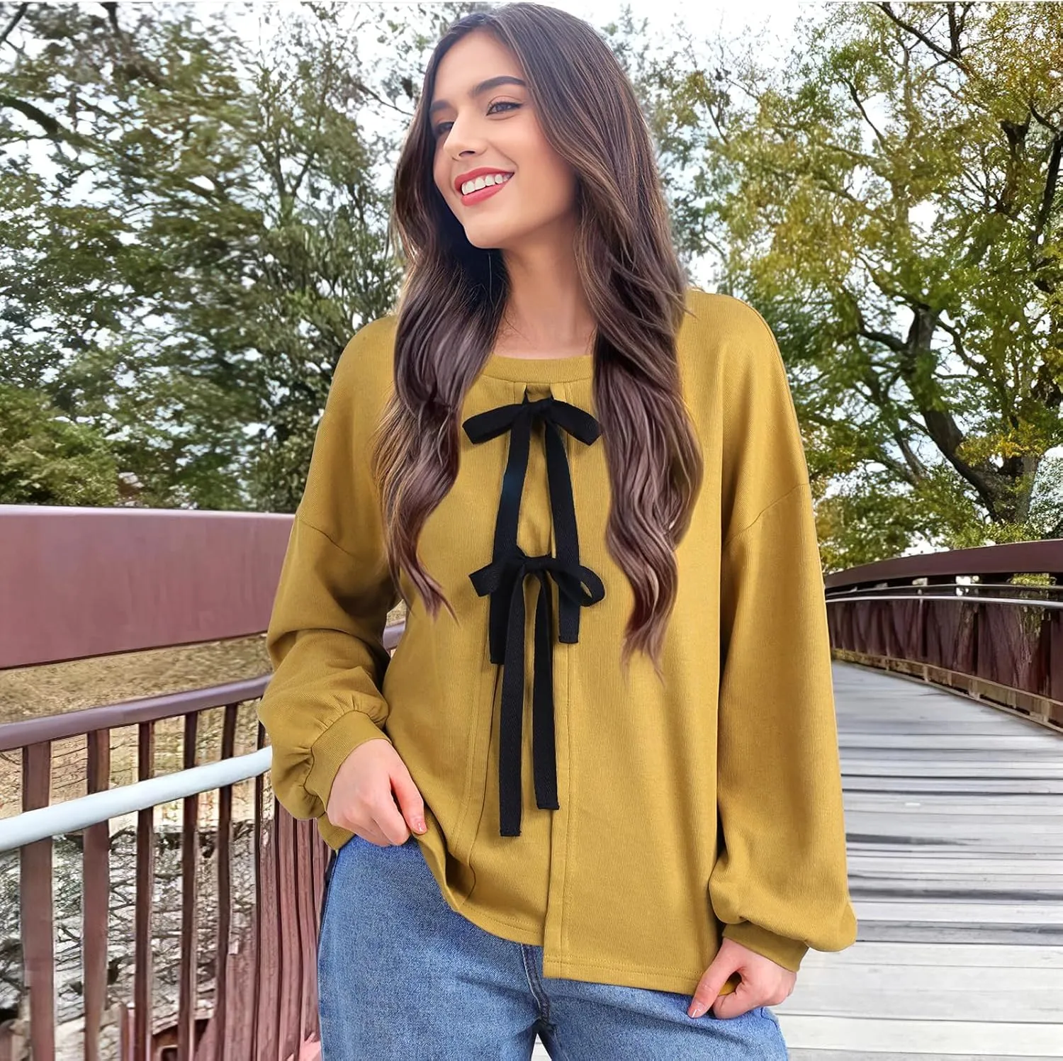 Vivilli Women's Tie Front Knit Tops Long Lantern Sleeve Shirts Crewneck Sweatshirts A-Line Patchwork Fall Fashion 2025 Tunic
