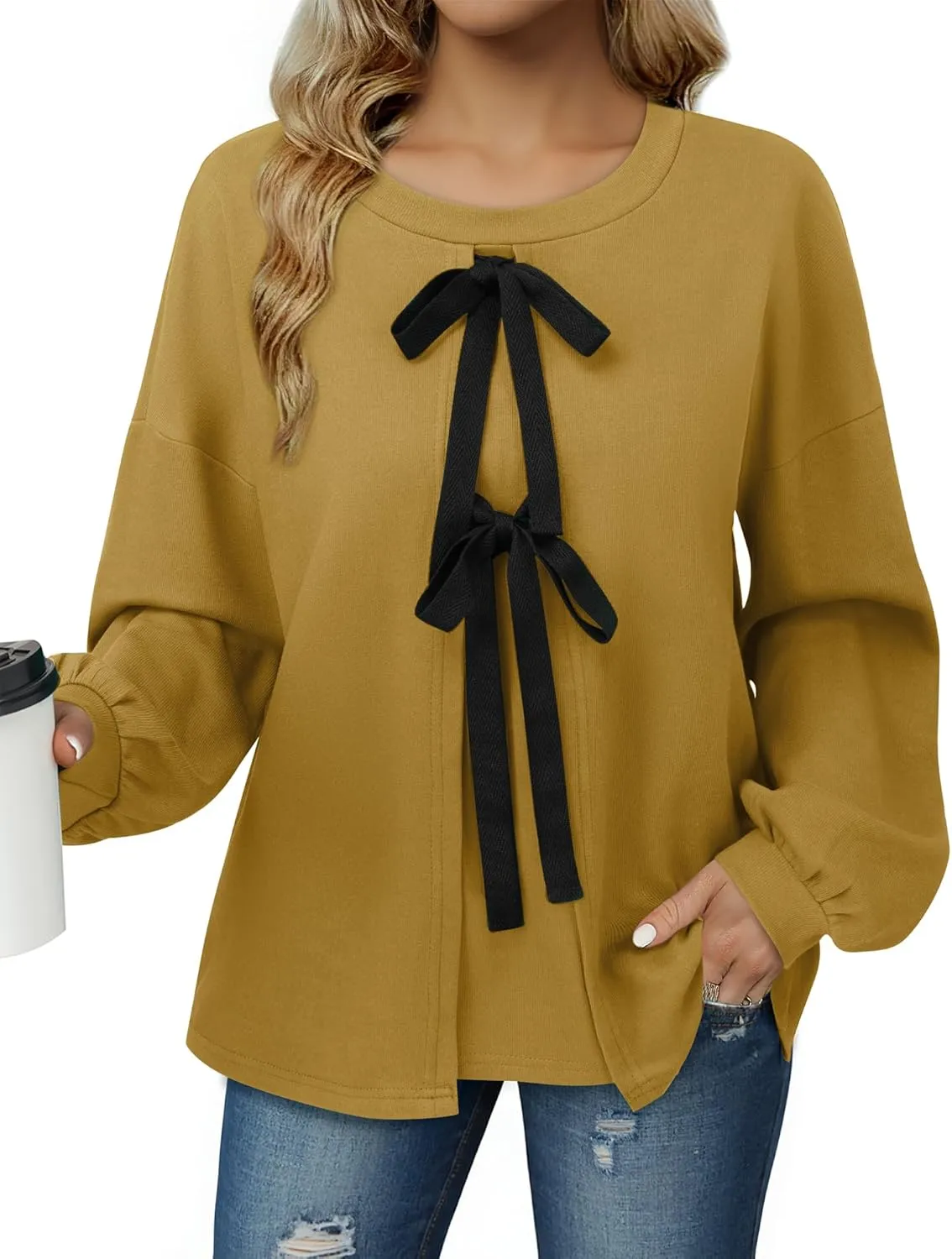 Vivilli Women's Tie Front Knit Tops Long Lantern Sleeve Shirts Crewneck Sweatshirts A-Line Patchwork Fall Fashion 2025 Tunic