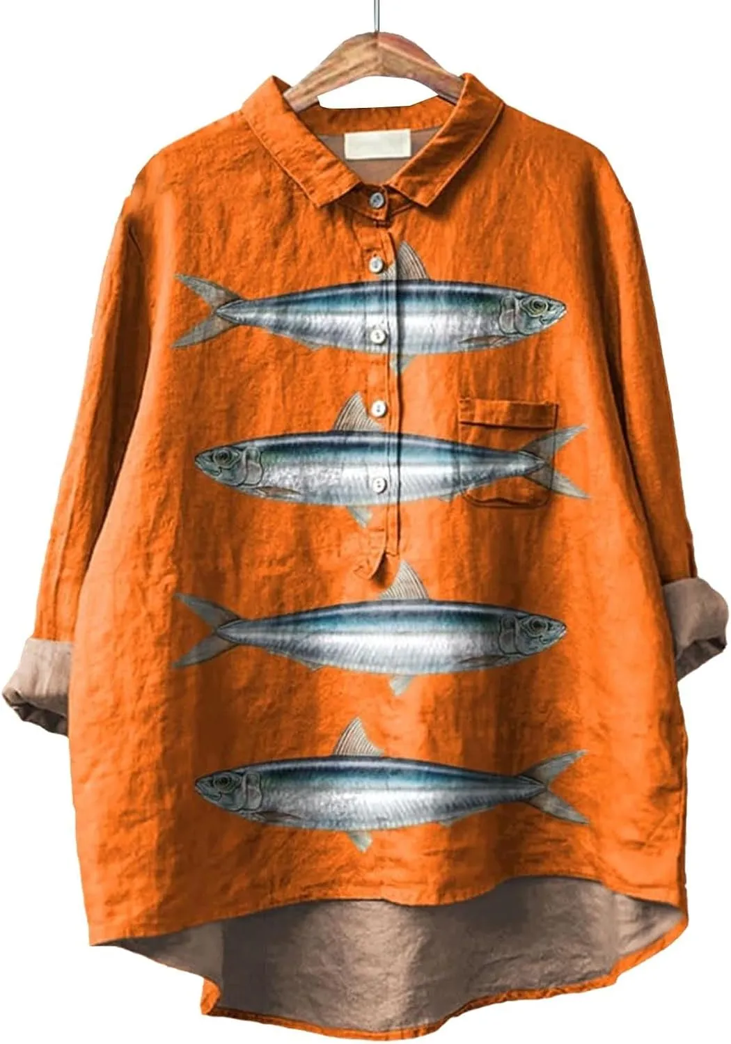 Women Floral Print Linen Shirts Gaze Tops Lapel Neck Button Blouses Long Comfy Tops Summer Casual Drassy Tunic Top