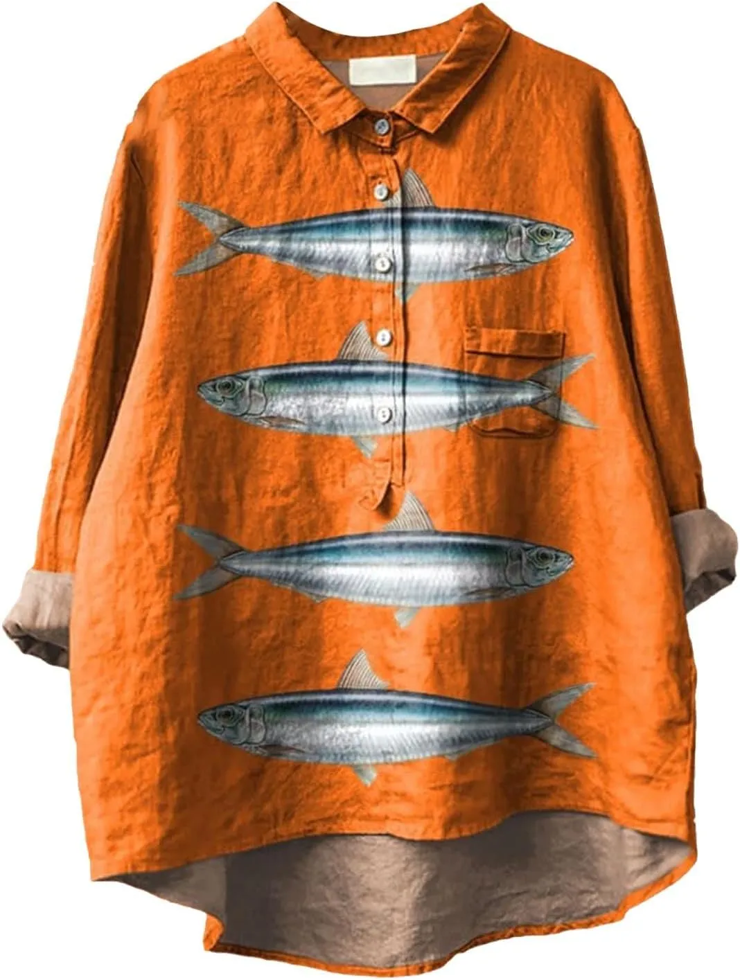 Women Floral Print Linen Shirts Gaze Tops Lapel Neck Button Blouses Long Comfy Tops Summer Casual Drassy Tunic Top