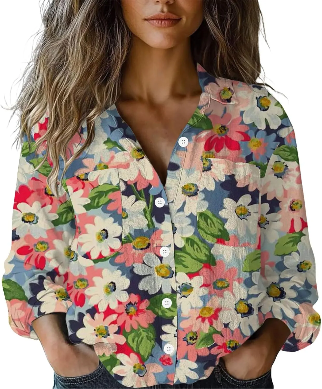 Women Linen Long Sleeve Shirts Button Down Loose Summer Tops Ethnic Vintage Floral Shirt Boho Causal Dressy Blouse