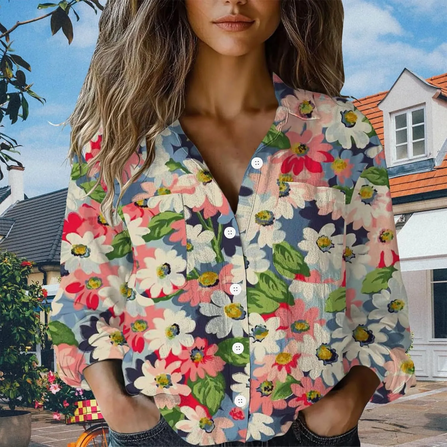Women Linen Long Sleeve Shirts Button Down Loose Summer Tops Ethnic Vintage Floral Shirt Boho Causal Dressy Blouse