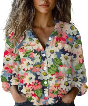 Women Linen Long Sleeve Shirts Button Down Loose Summer Tops Ethnic Vintage Floral Shirt Boho Causal Dressy Blouse