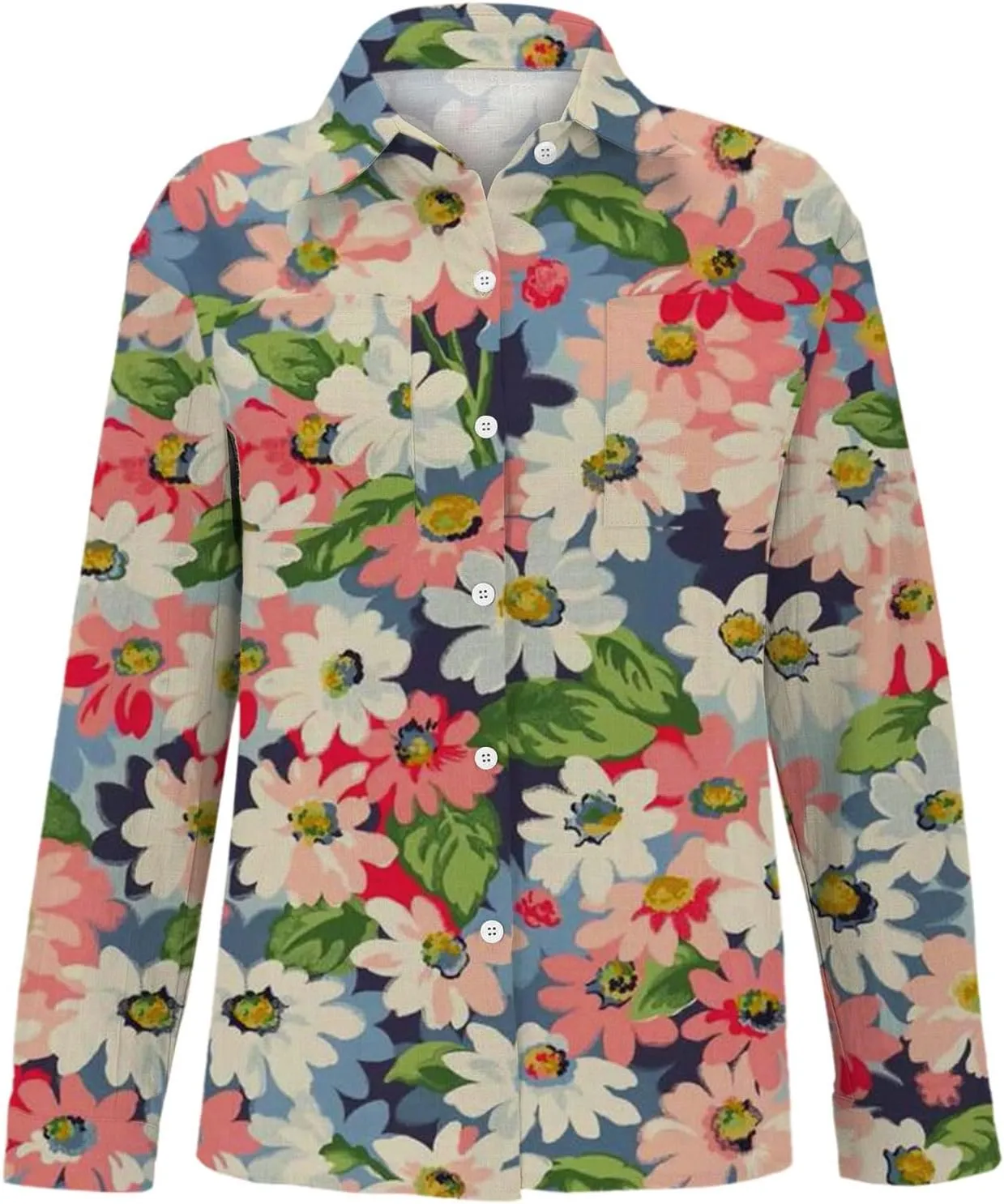 Women Linen Long Sleeve Shirts Button Down Loose Summer Tops Ethnic Vintage Floral Shirt Boho Causal Dressy Blouse