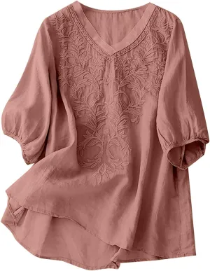 Women Linen Shirts Summer Cotton Linen Floral Short Sleeve T Shirt Casual Loose Basic Round Neck Tee Shirt