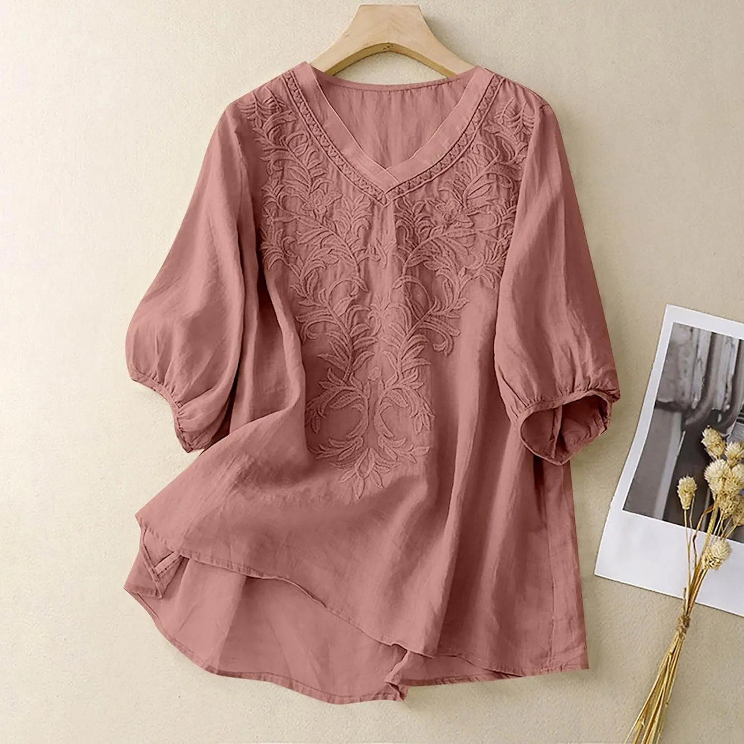 Women Linen Shirts Summer Cotton Linen Floral Short Sleeve T Shirt Casual Loose Basic Round Neck Tee Shirt