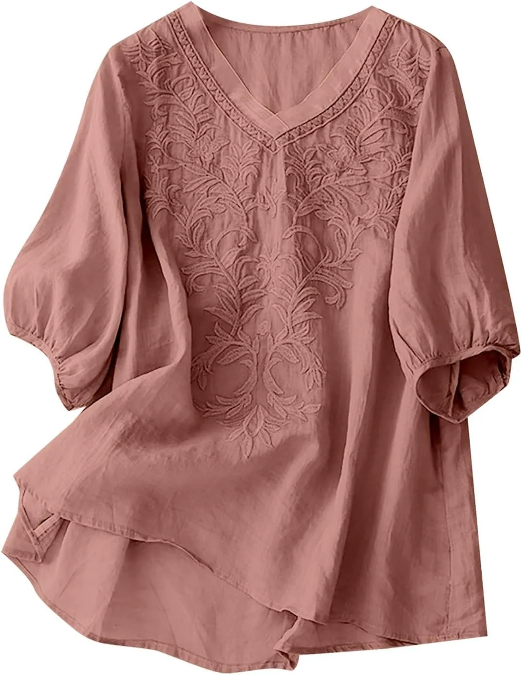 Women Linen Shirts Summer Cotton Linen Floral Short Sleeve T Shirt Casual Loose Basic Round Neck Tee Shirt