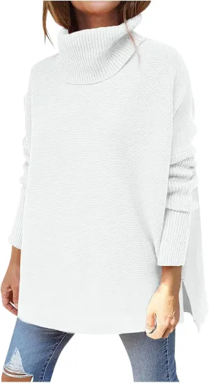 Women Turtleneck Oversized Sweaters Long Batwing Sleeve Spilt Hem Tunic Pullover Knit Top Knitwear Jumper Tops Clothes