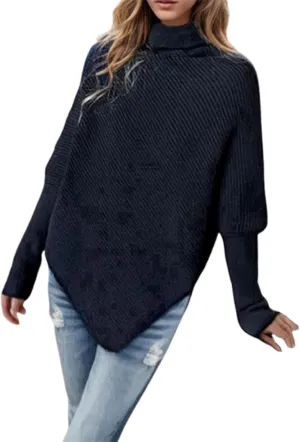 Women Turtleneck Ribbed Knit Sweater, Oversized Long Sleeve Casual Warm Pullover Fashion Asymmetric Hem Jumper Tops