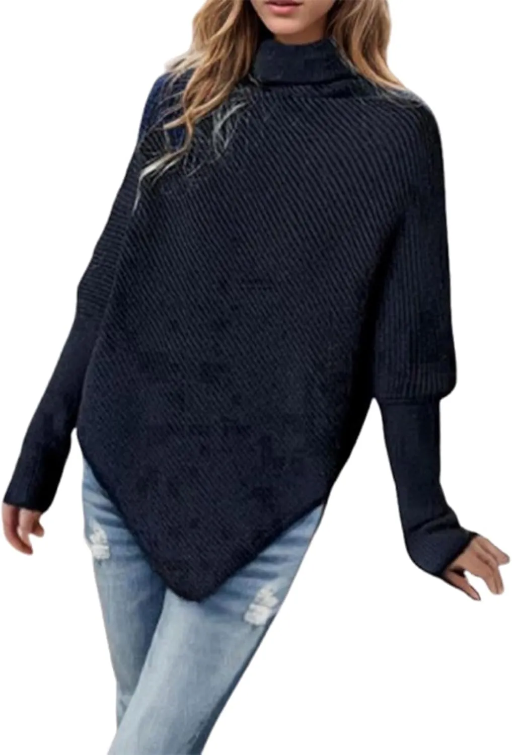 Women Turtleneck Ribbed Knit Sweater, Oversized Long Sleeve Casual Warm Pullover Fashion Asymmetric Hem Jumper Tops