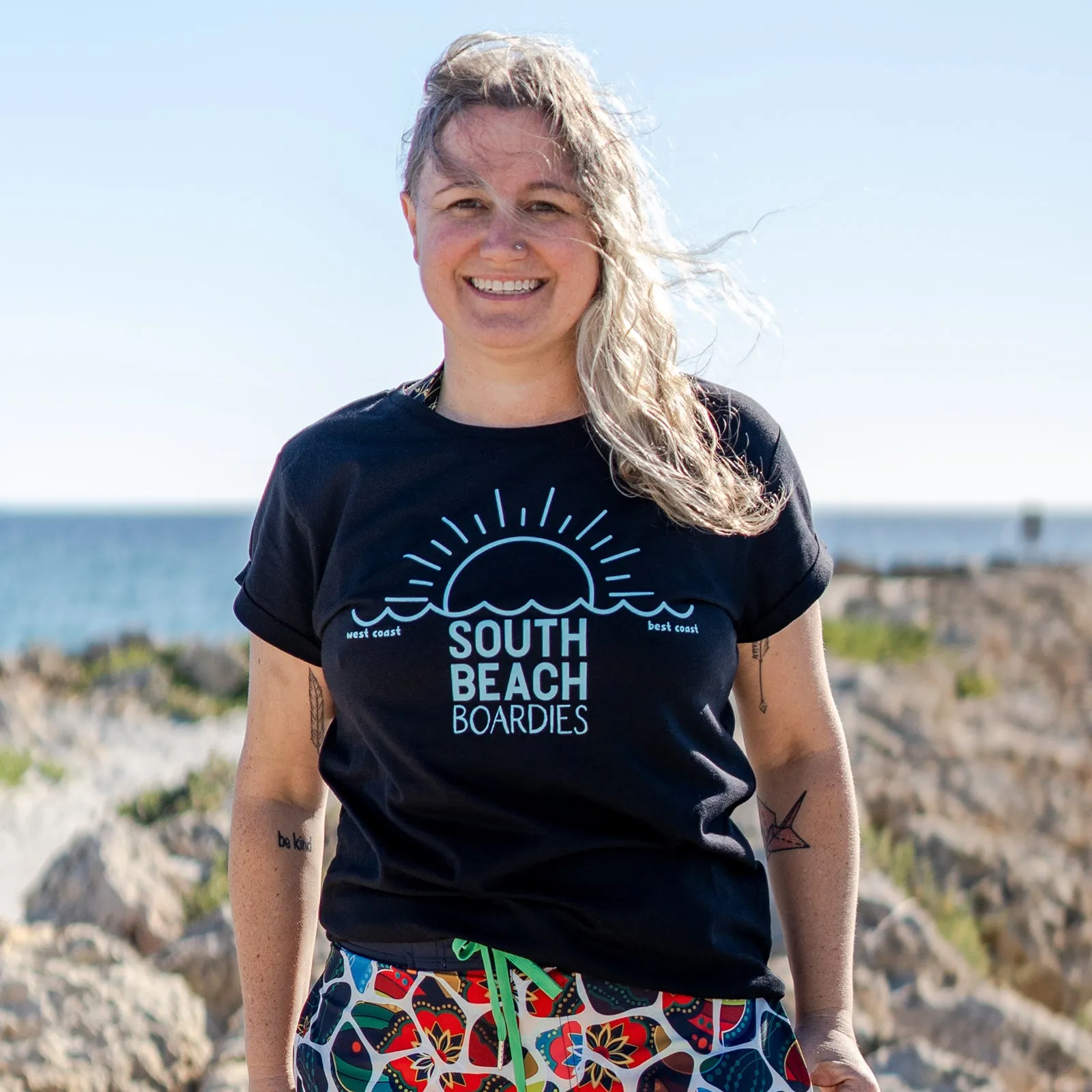 Women's 100% Recycled T-Shirt: Black 'West Coast Best Coast' Sunset