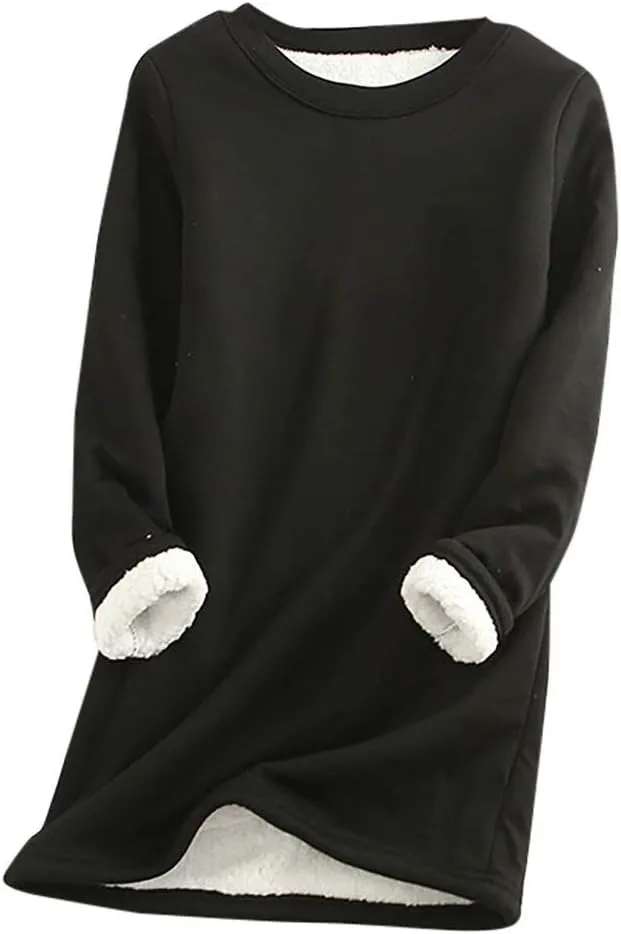 Womens Sherpa Lined Sweatshirts Casual Crewneck Fleece Pullover Long Sleeve Thermal Sweater Winter Clothes 2024