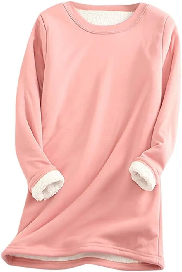Womens Sherpa Lined Sweatshirts Casual Crewneck Fleece Pullover Long Sleeve Thermal Sweater Winter Clothes 2024